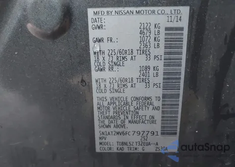 2015 Nissan Rogue Sl из США, поврежденный, VIN 5N1AT2MV6FC797791